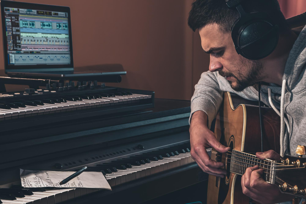 male musician plays guitar home workplace near computer